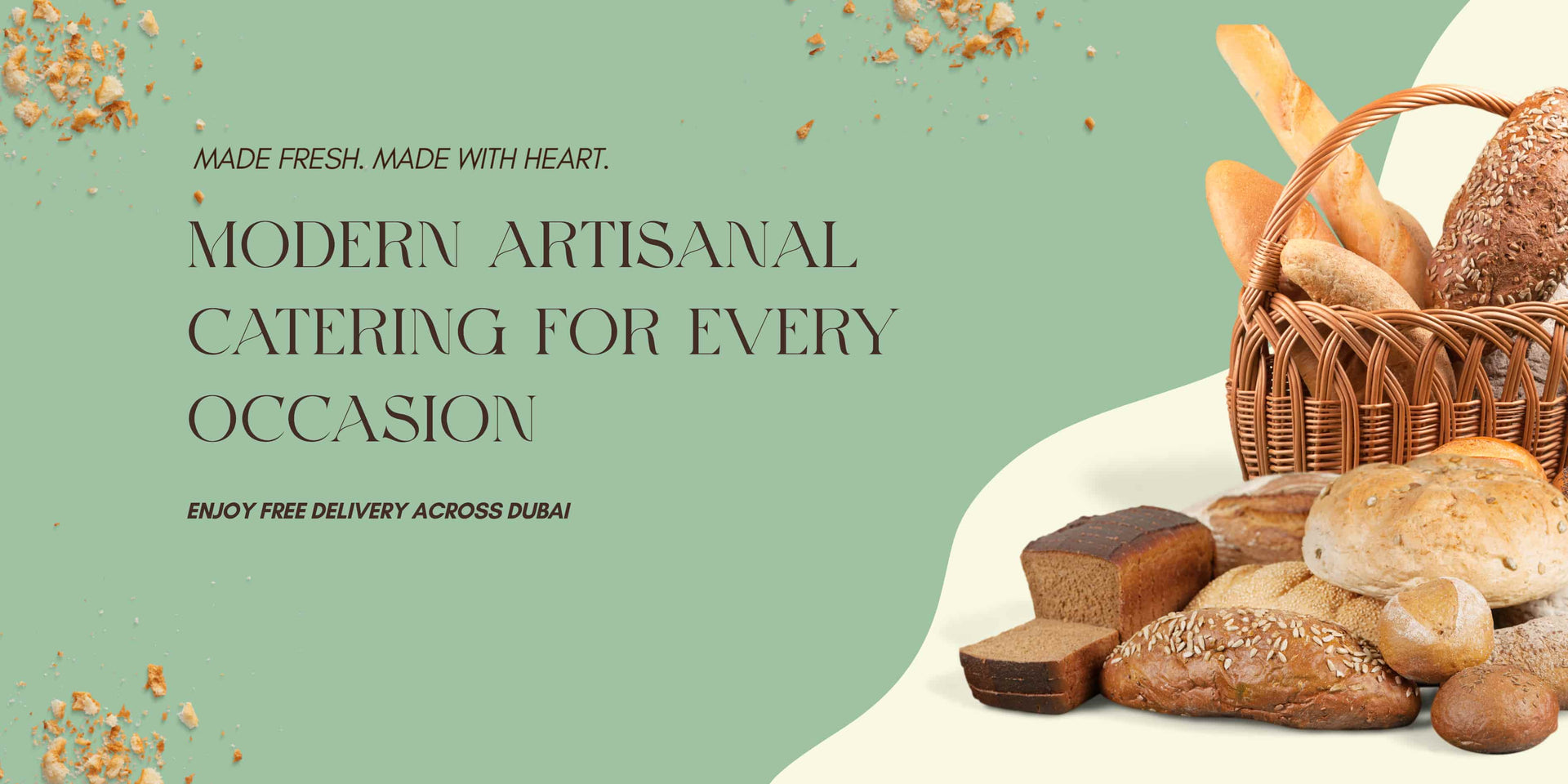 Desktop banner for BAEKRI bulk order catering featuring a basket of freshly baked artisanal breads and pastries with free delivery across Dubai