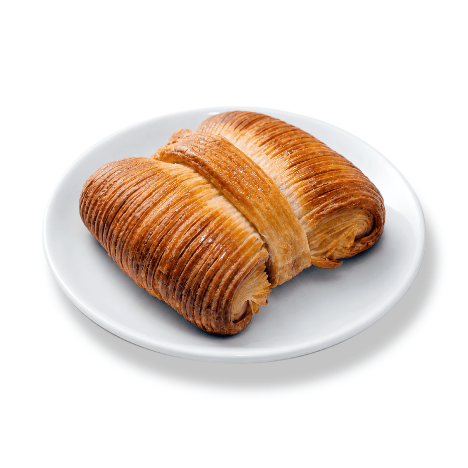Freshly baked golden Bow Chocolate Croissant with flaky buttery layers and rich chocolate filling - BAEKRI Dubai