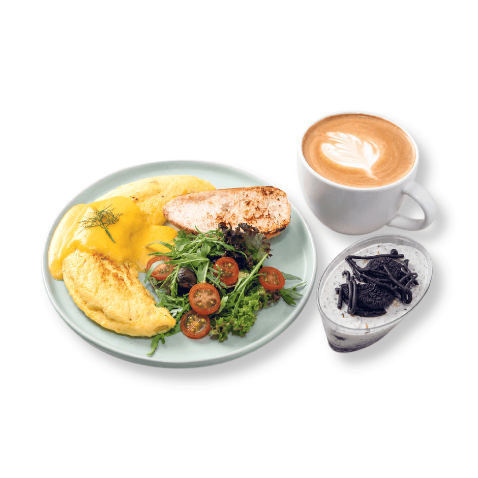 Fluffy golden cheese omelette combo served with crispy hashbrowns grilled tomatoes and fresh artisan toast at BAEKRI Dubai