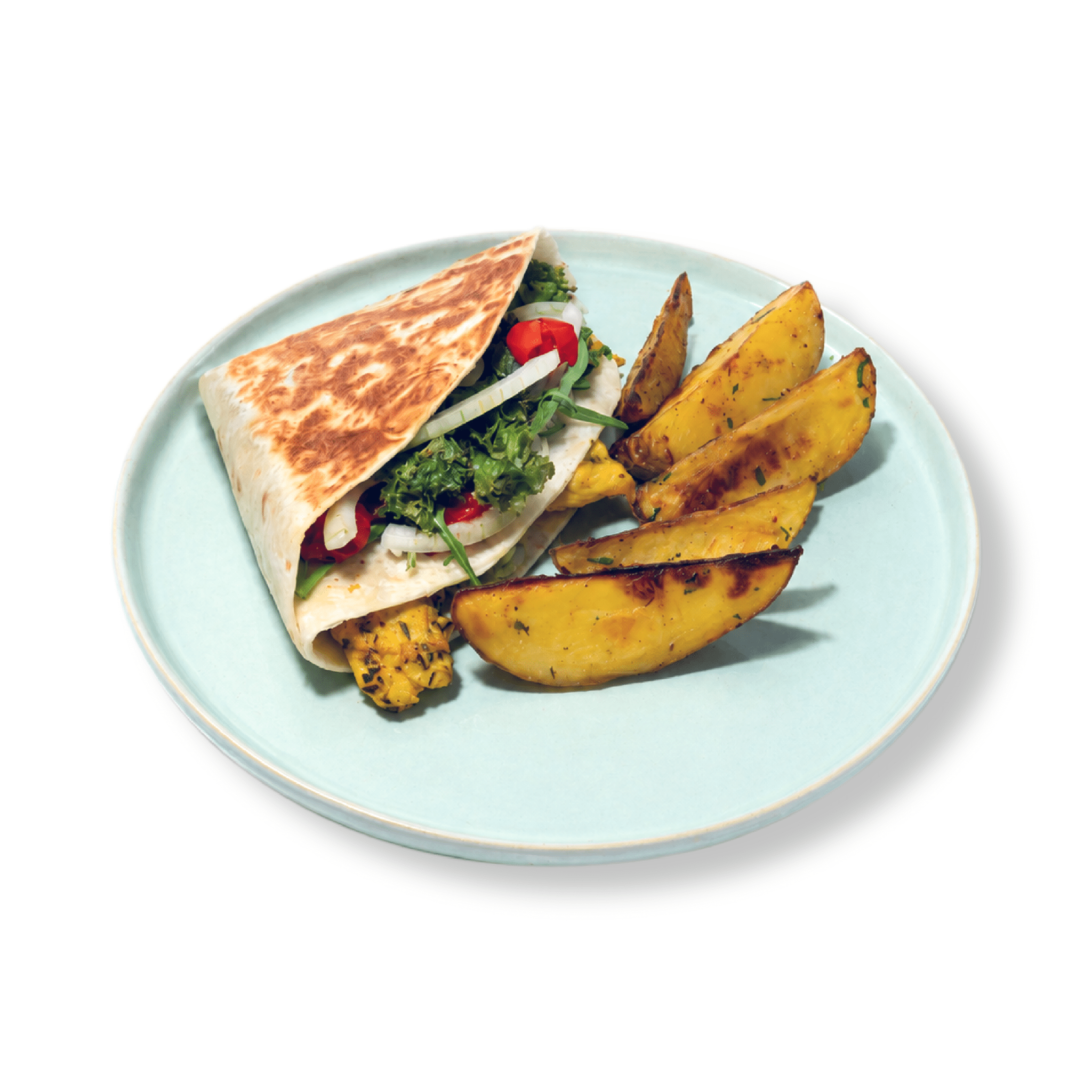 Close-up cross-section of a healthy chicken wrap revealing vibrant green guacamole layers and juicy seasoned chicken chunks