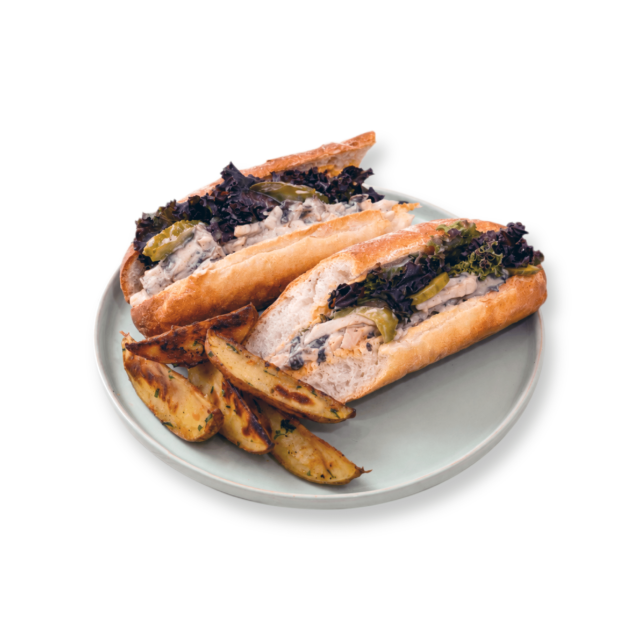 Close-up cross-section of a savory chicken and mushroom filling showing rich creamy sauce and fresh herbs