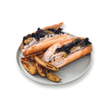 Close-up cross-section of a savory chicken and mushroom filling showing rich creamy sauce and fresh herbs