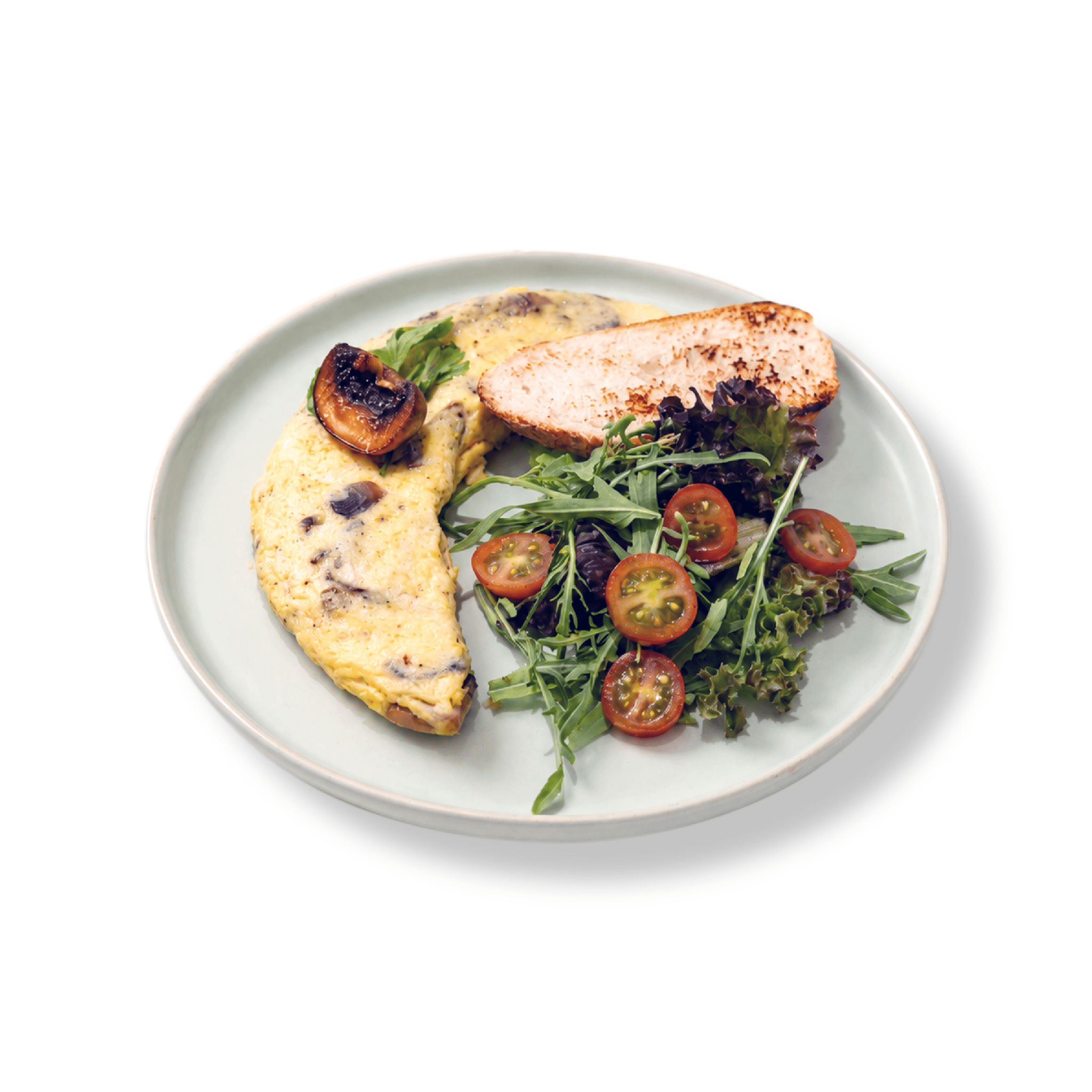 Close-up of a delicate golden egg omelette folded over earthy sautéed mushrooms and fresh green herbs