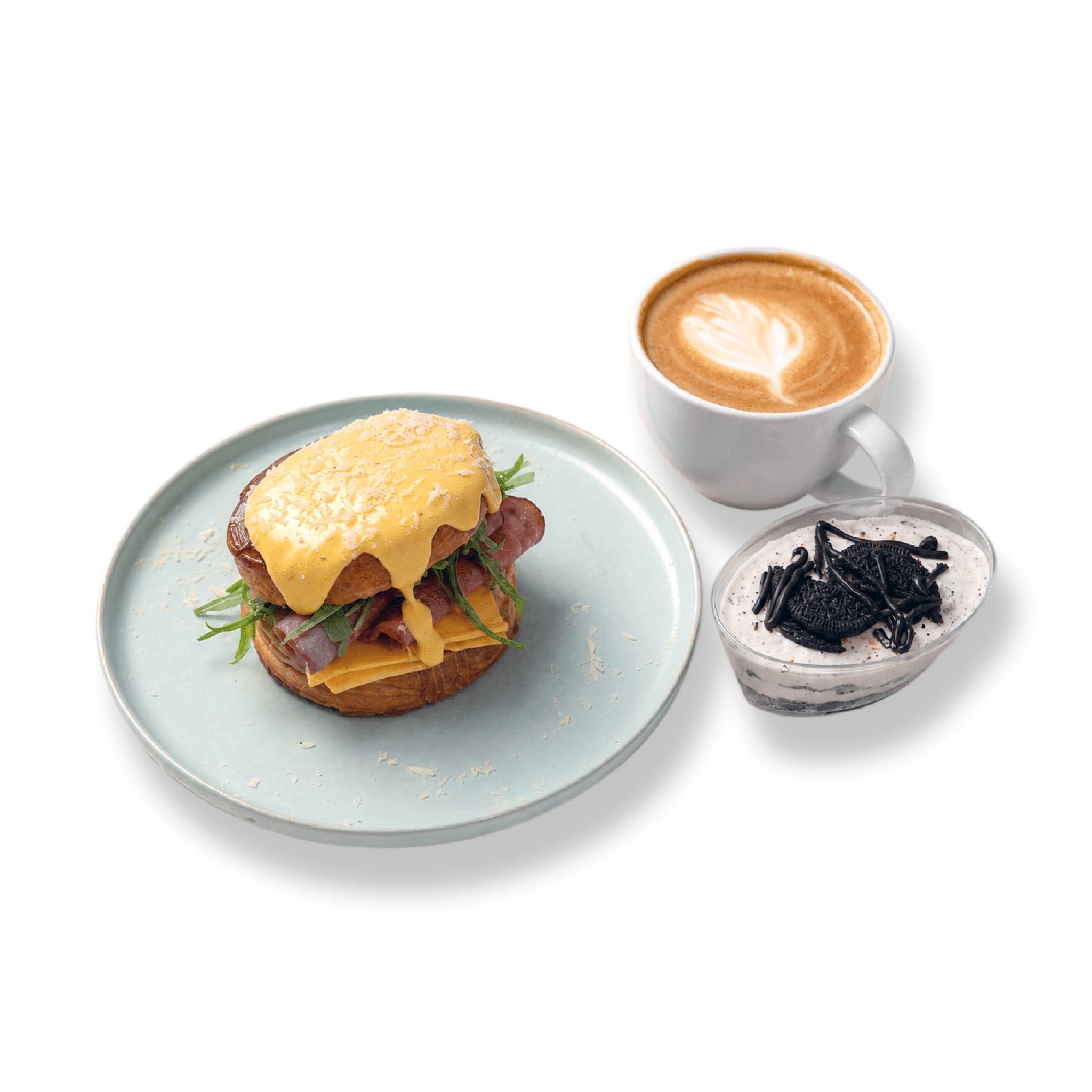 Flaky golden circular Ham and Cheese New York Roll combo served fresh with a hot cafe beverage at BAEKRI Dubai